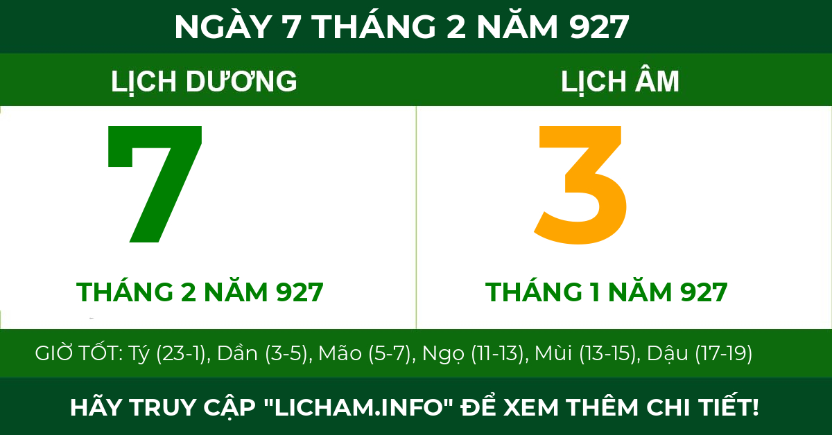 lịch âm ngày 7 tháng 2 năm 927