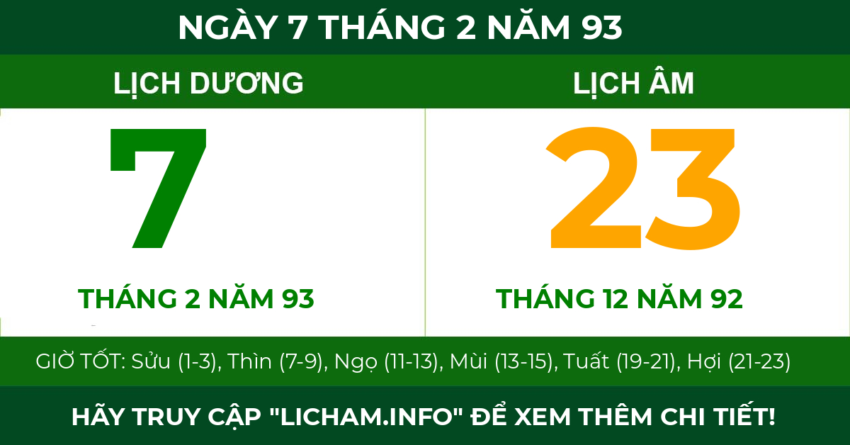 lịch âm ngày 7 tháng 2 năm 93