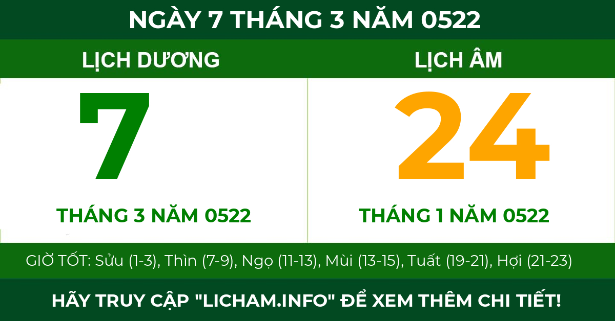 lịch âm ngày 7 tháng 3 năm 0522