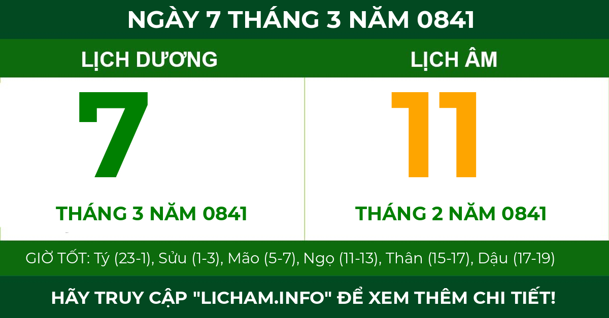 lịch âm ngày 7 tháng 3 năm 0841