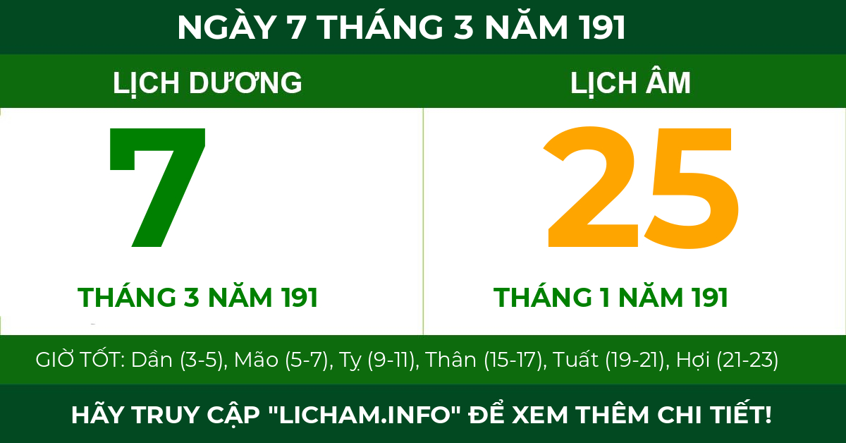 lịch âm ngày 7 tháng 3 năm 191