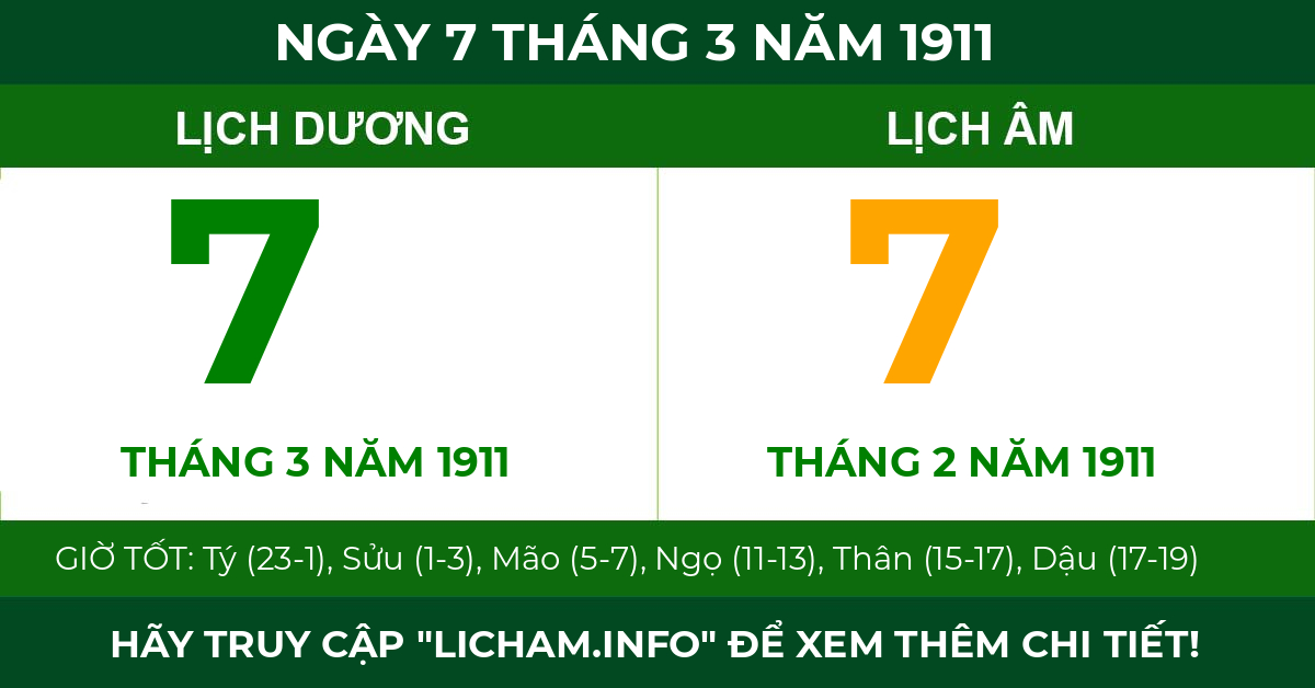 lịch âm ngày 7 tháng 3 năm 1911