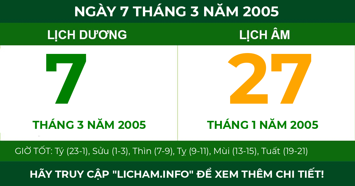lịch âm ngày 7 tháng 3 năm 2005