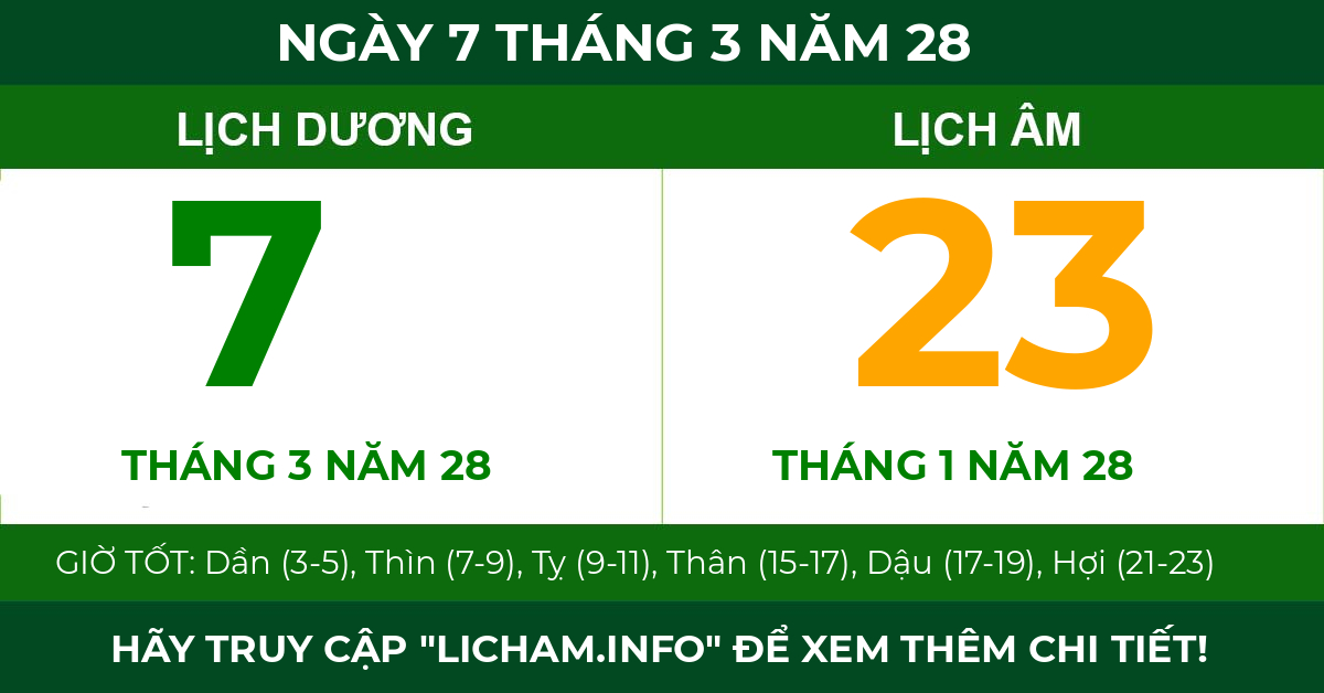 lịch âm ngày 7 tháng 3 năm 28