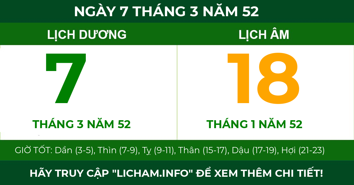 lịch âm ngày 7 tháng 3 năm 52