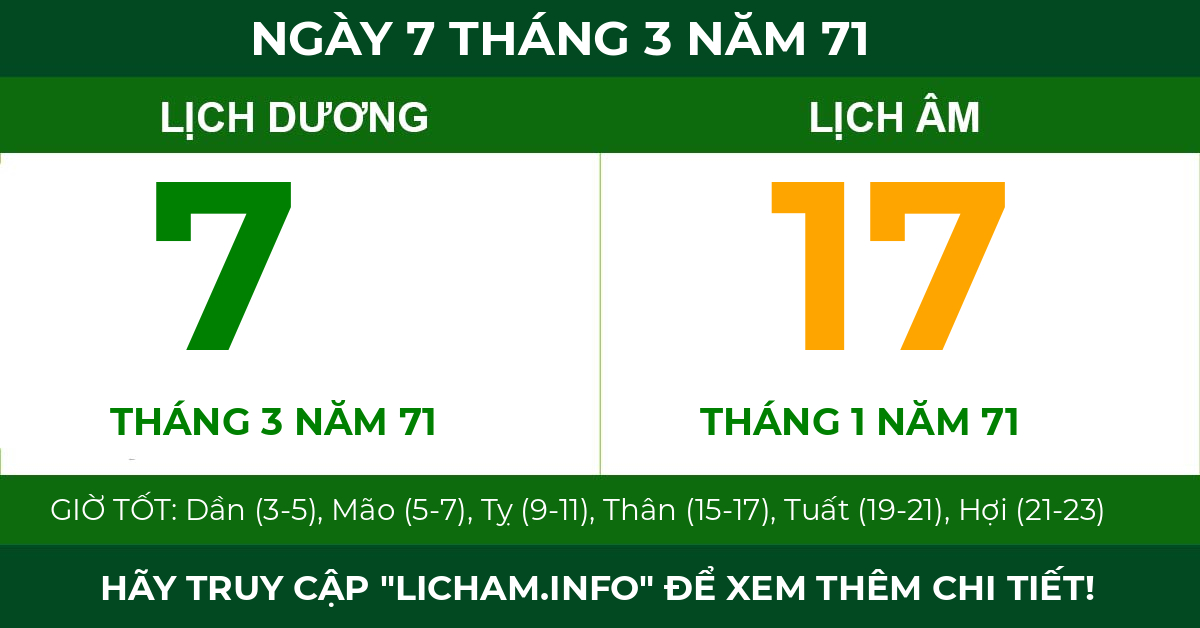 lịch âm ngày 7 tháng 3 năm 71
