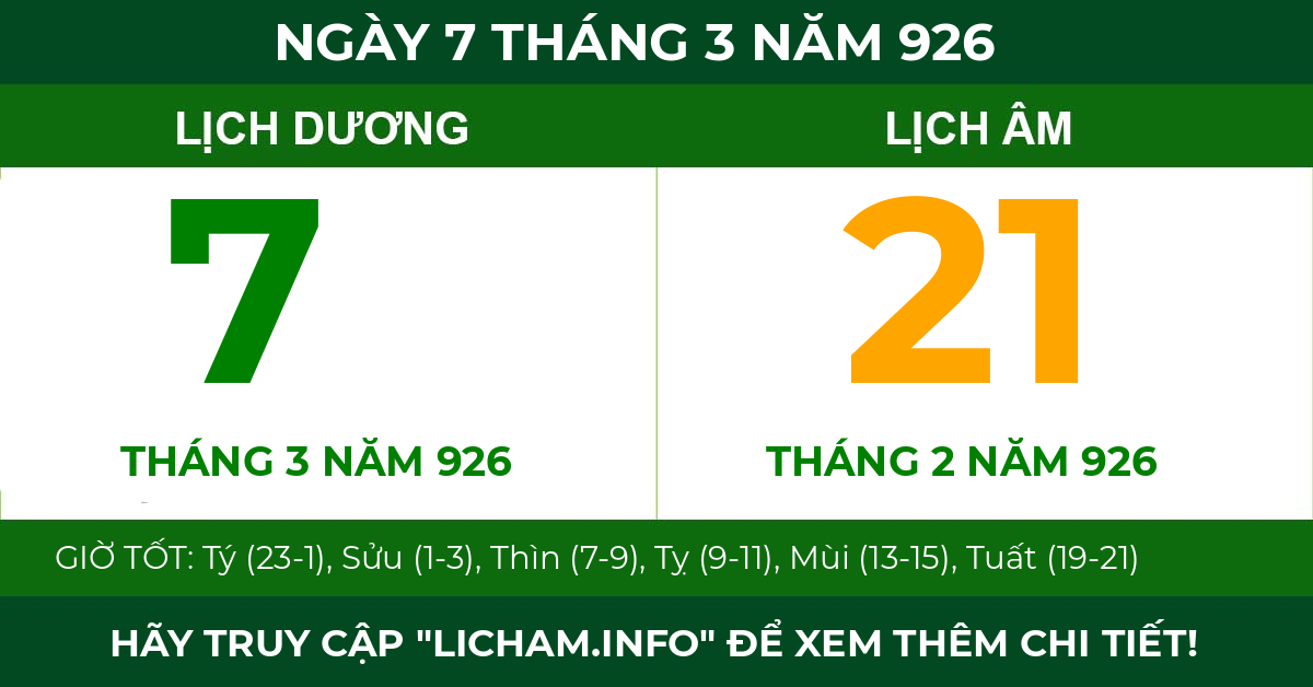 lịch âm ngày 7 tháng 3 năm 926