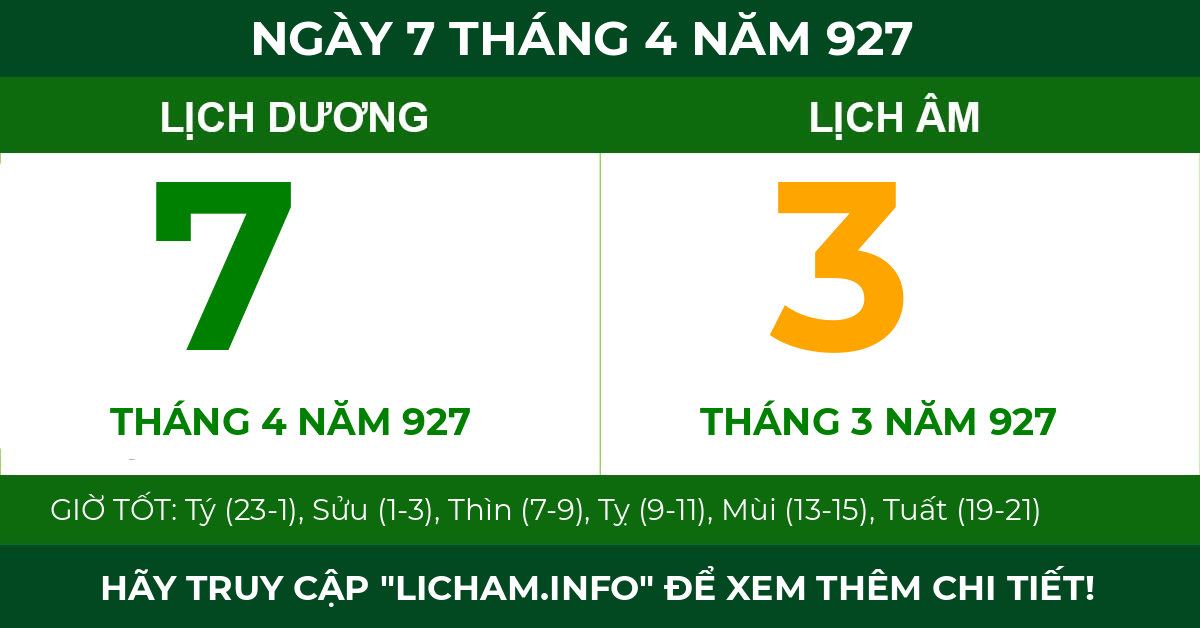 lịch âm ngày 7 tháng 4 năm 927