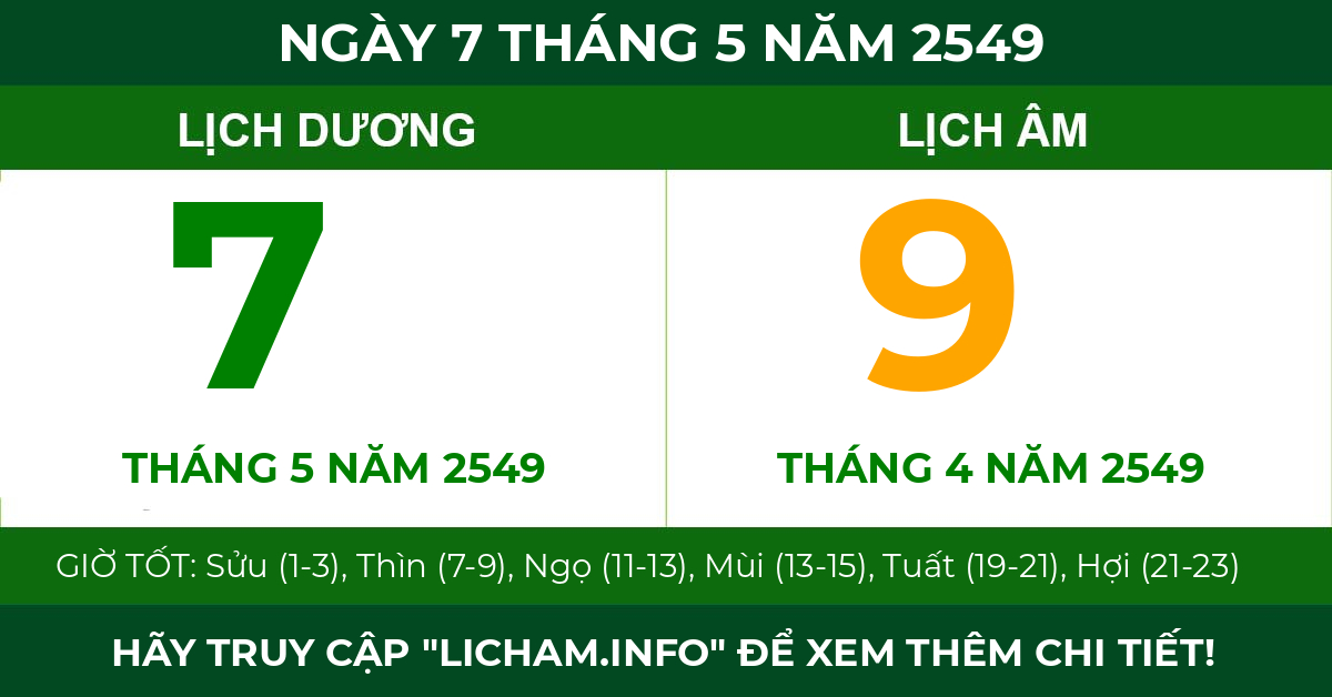 lịch âm ngày 7 tháng 5 năm 2549