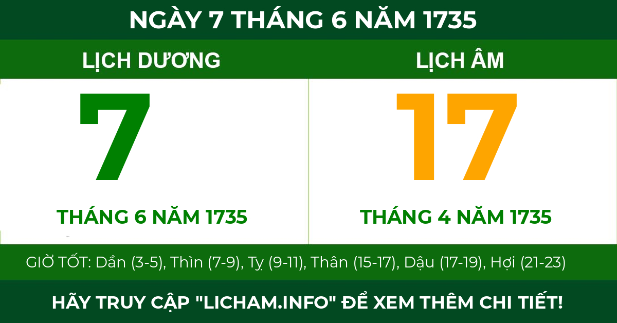 lịch âm ngày 7 tháng 6 năm 1735