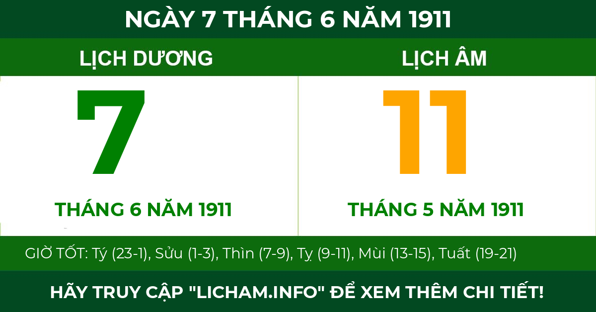 lịch âm ngày 7 tháng 6 năm 1911