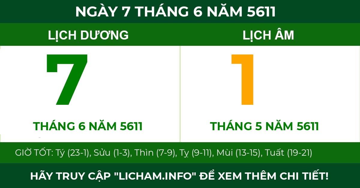 lịch âm ngày 7 tháng 6 năm 5611