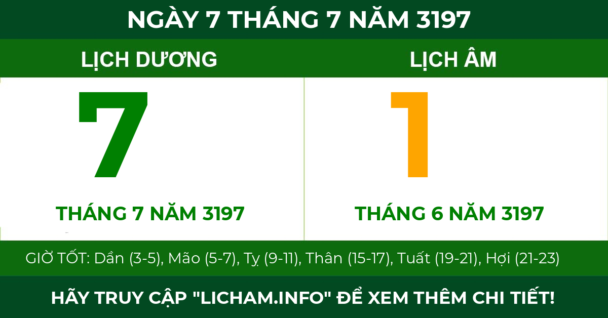 lịch âm ngày 7 tháng 7 năm 3197