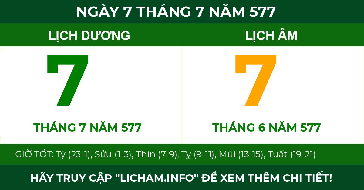 lịch âm ngày 7 tháng 7 năm 577