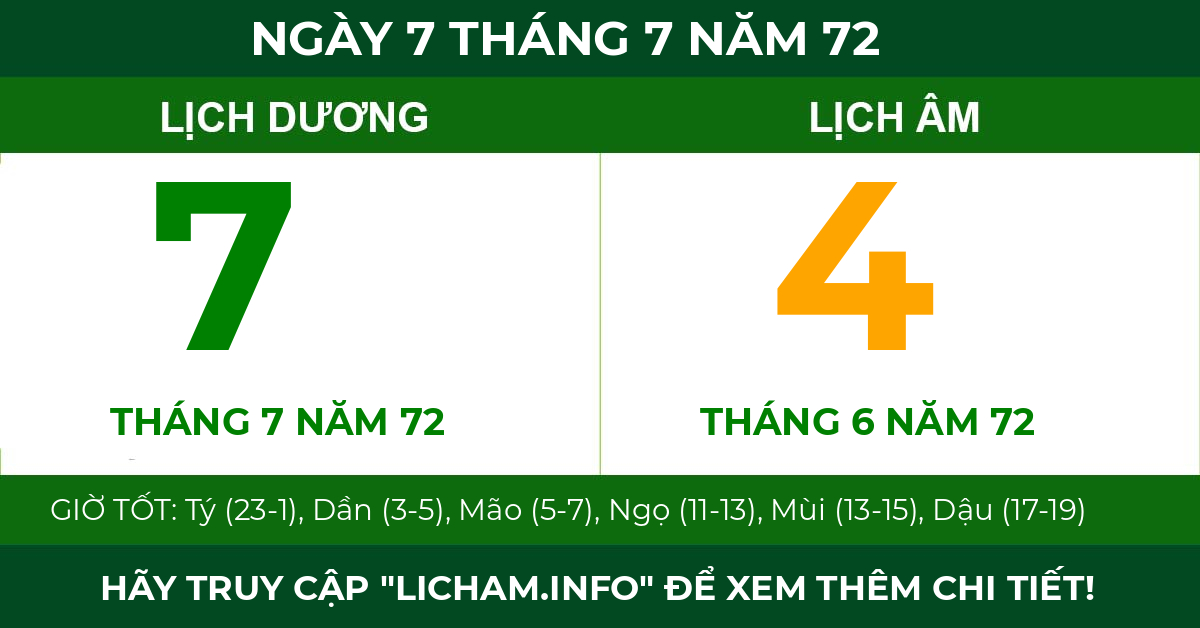 lịch âm ngày 7 tháng 7 năm 72