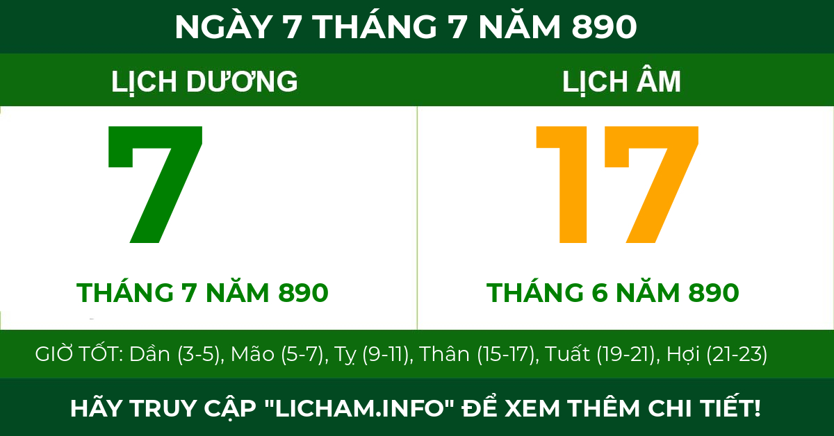 lịch âm ngày 7 tháng 7 năm 890