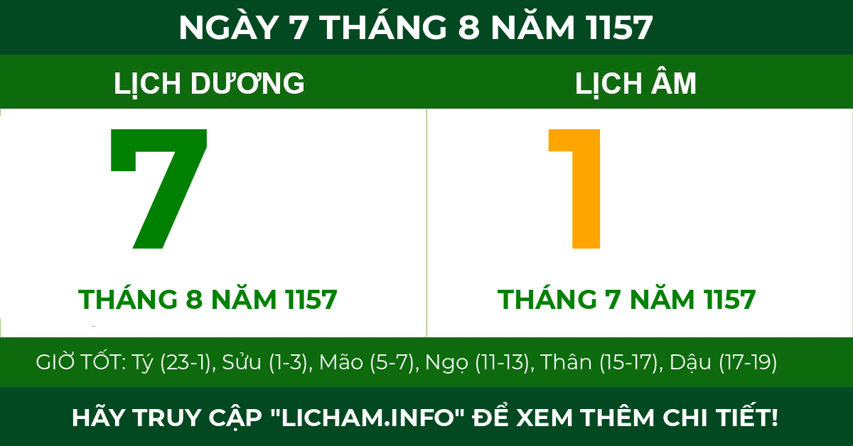 lịch âm ngày 7 tháng 8 năm 1157