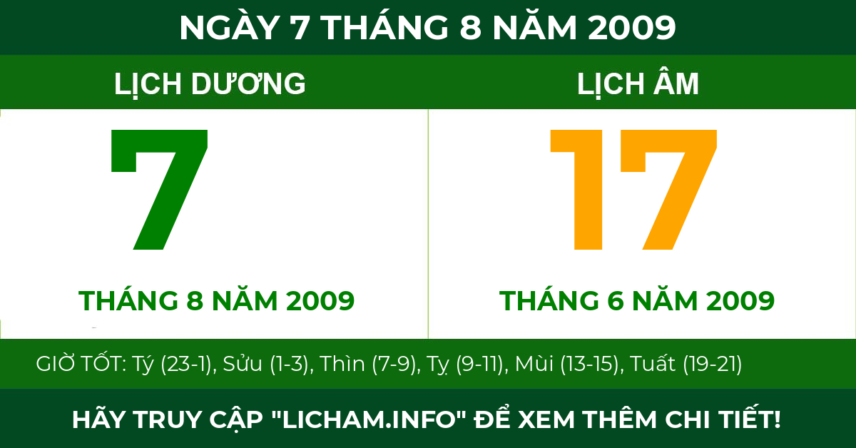 lịch âm ngày 7 tháng 8 năm 2009