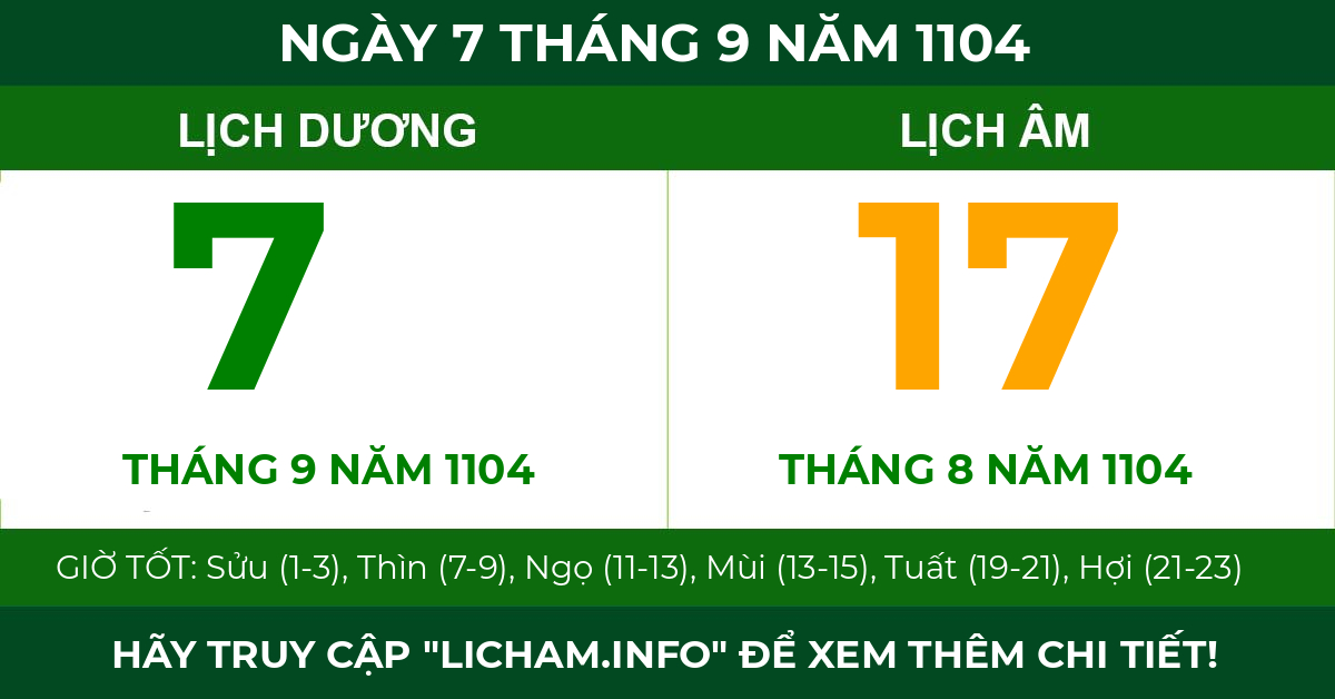 lịch âm ngày 7 tháng 9 năm 1104