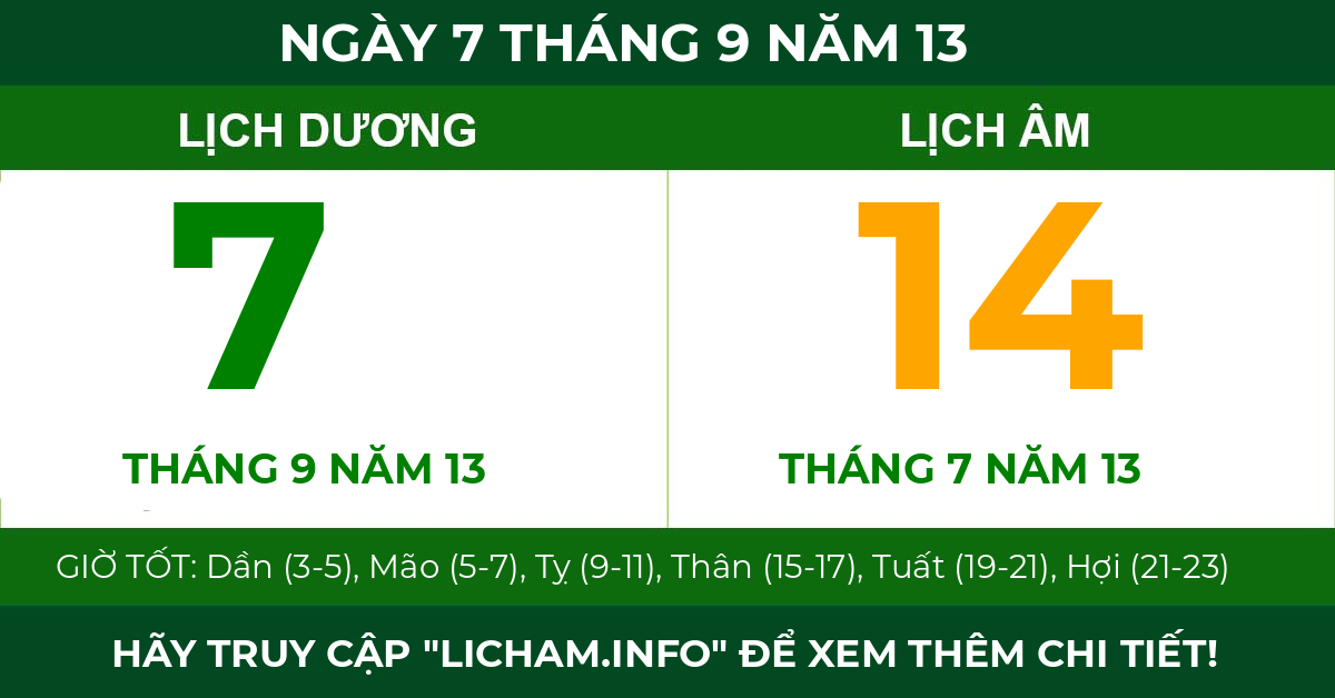 lịch âm ngày 7 tháng 9 năm 13