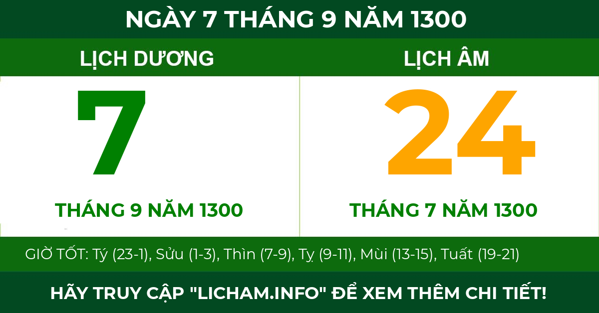 lịch âm ngày 7 tháng 9 năm 1300