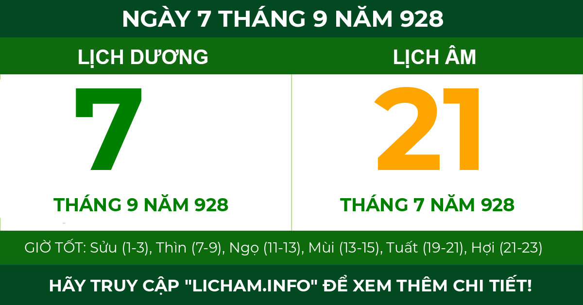 lịch âm ngày 7 tháng 9 năm 928