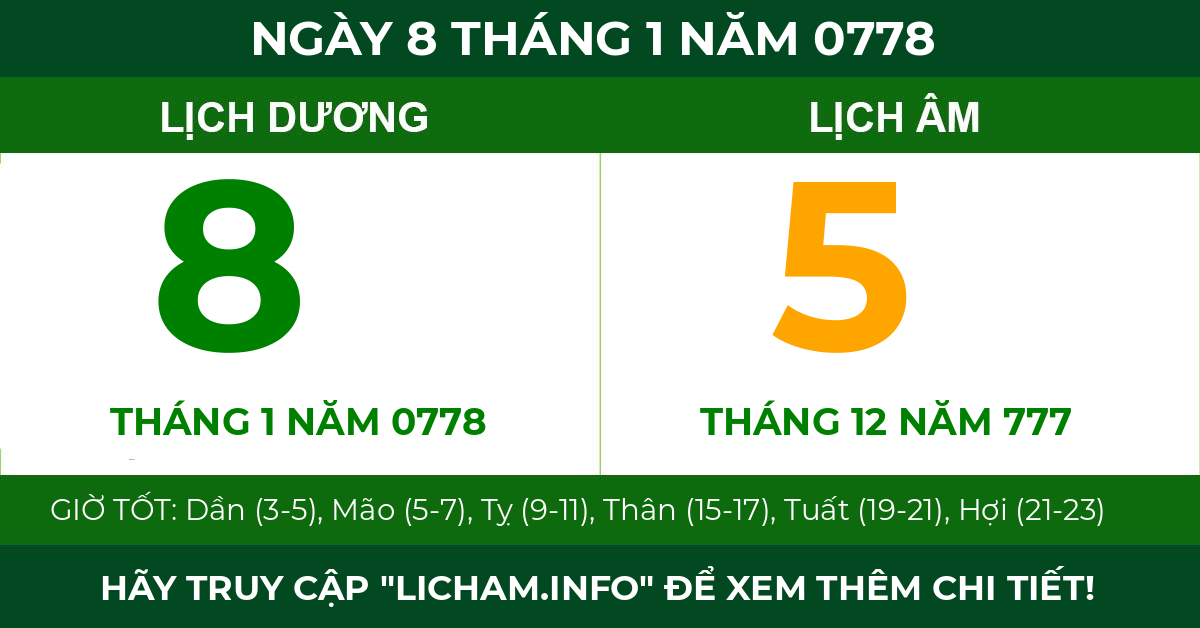 lịch âm ngày 8 tháng 1 năm 0778