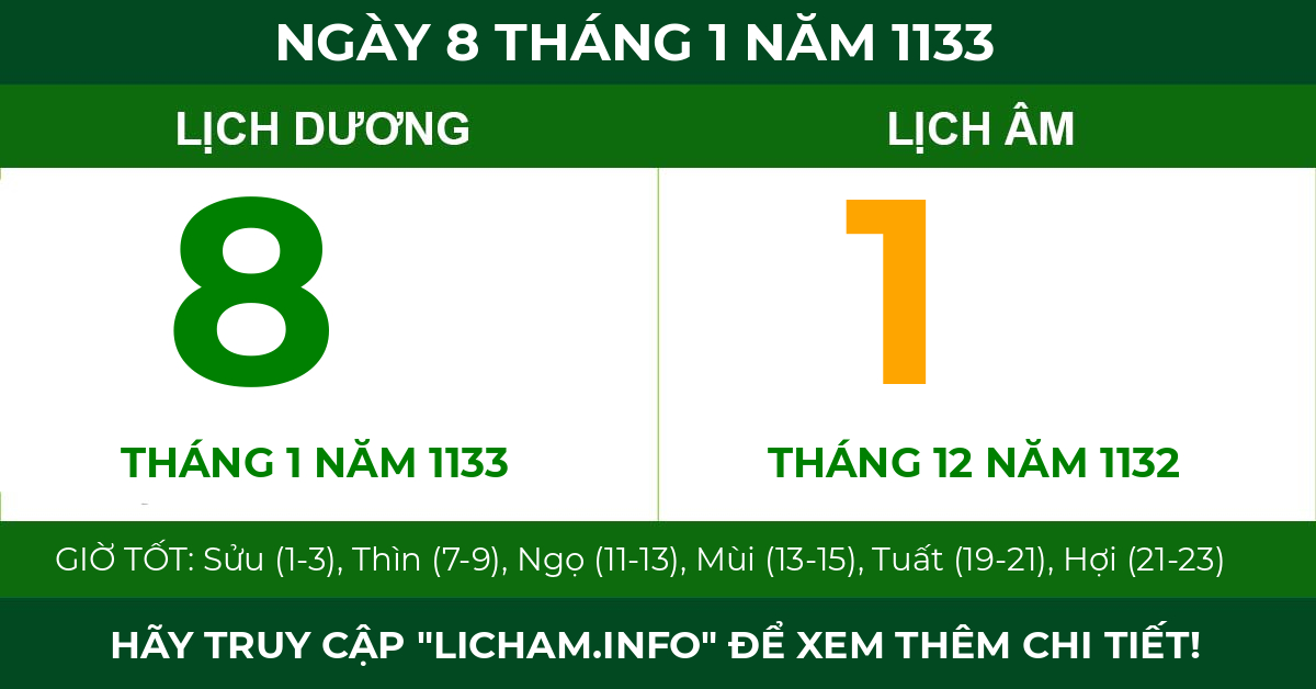lịch âm ngày 8 tháng 1 năm 1133