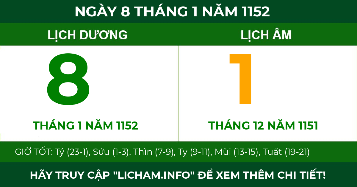 lịch âm ngày 8 tháng 1 năm 1152
