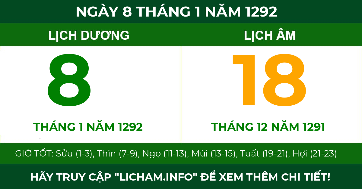 lịch âm ngày 8 tháng 1 năm 1292