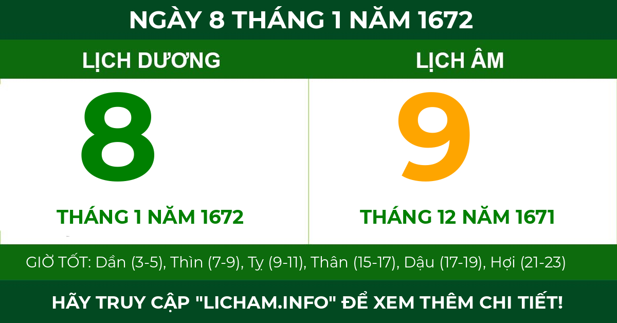 lịch âm ngày 8 tháng 1 năm 1672