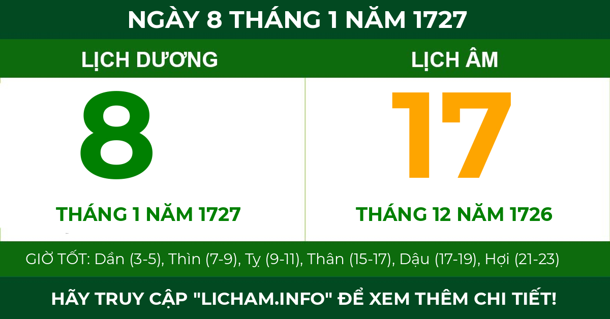lịch âm ngày 8 tháng 1 năm 1727