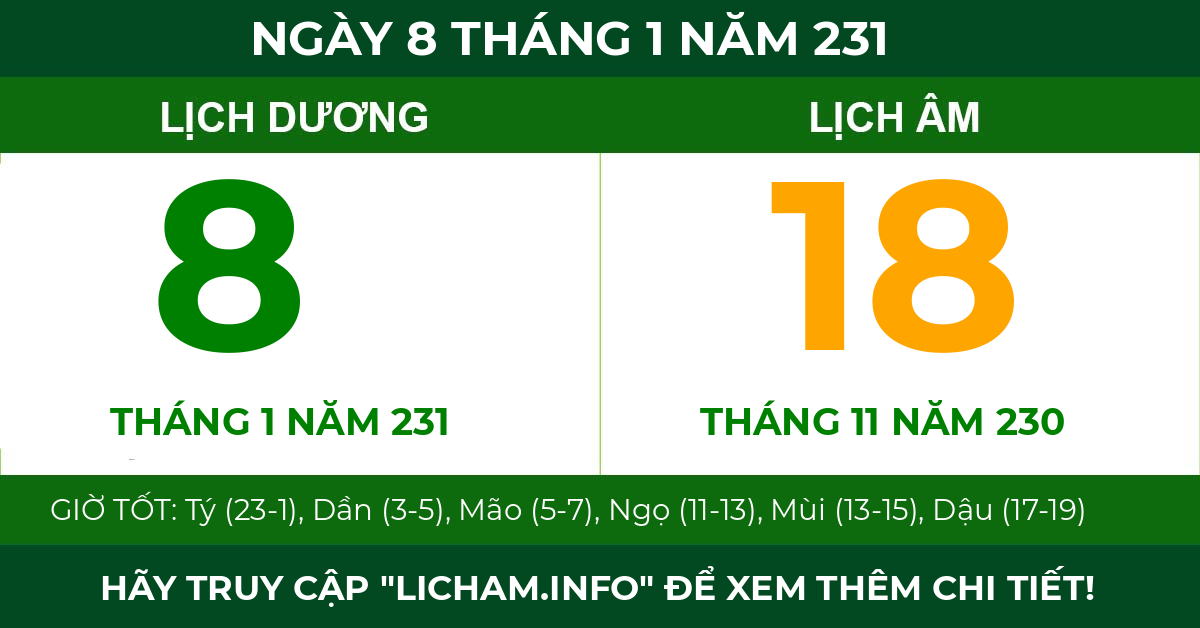 lịch âm ngày 8 tháng 1 năm 231