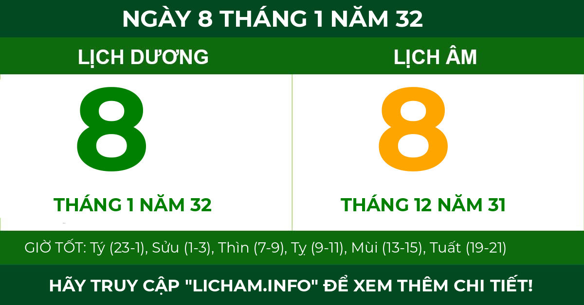 lịch âm ngày 8 tháng 1 năm 32