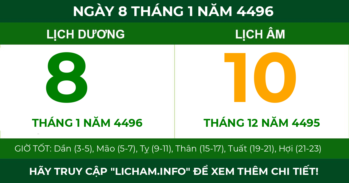lịch âm ngày 8 tháng 1 năm 4496