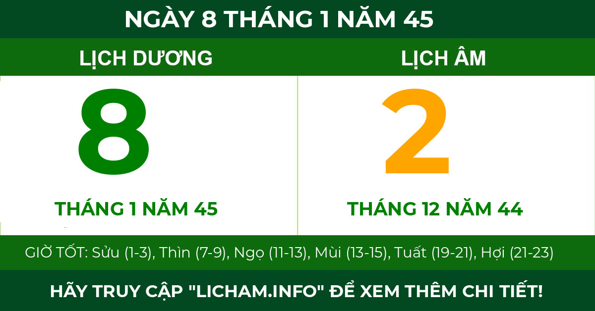 lịch âm ngày 8 tháng 1 năm 45