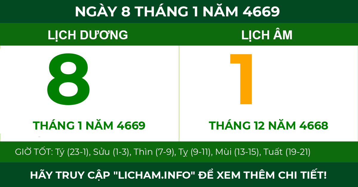 lịch âm ngày 8 tháng 1 năm 4669