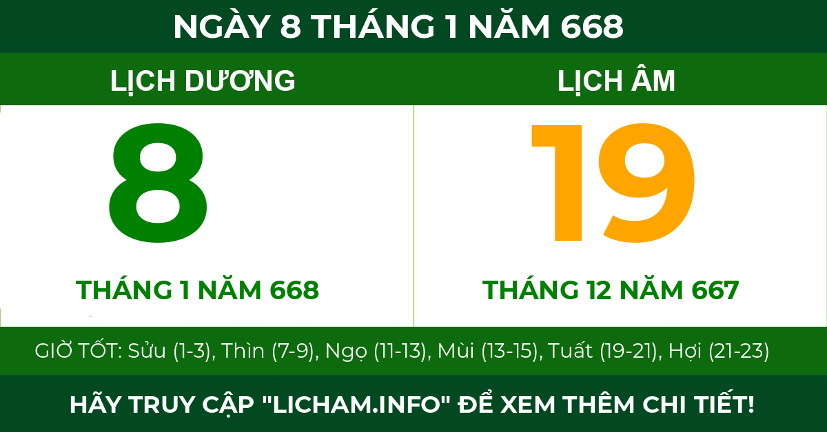 lịch âm ngày 8 tháng 1 năm 668