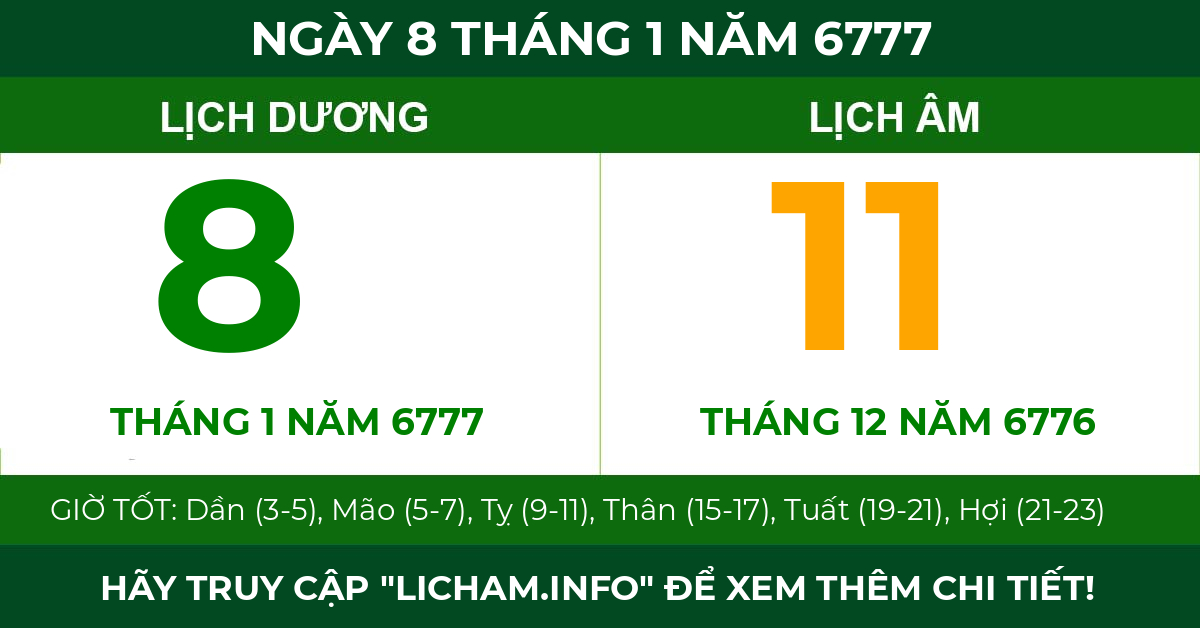 lịch âm ngày 8 tháng 1 năm 6777