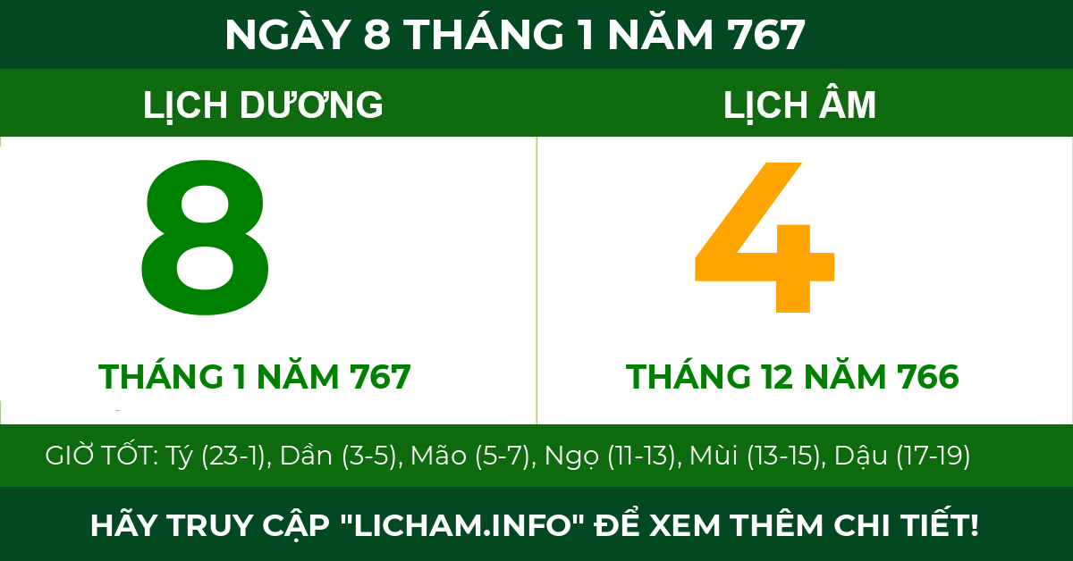 lịch âm ngày 8 tháng 1 năm 767