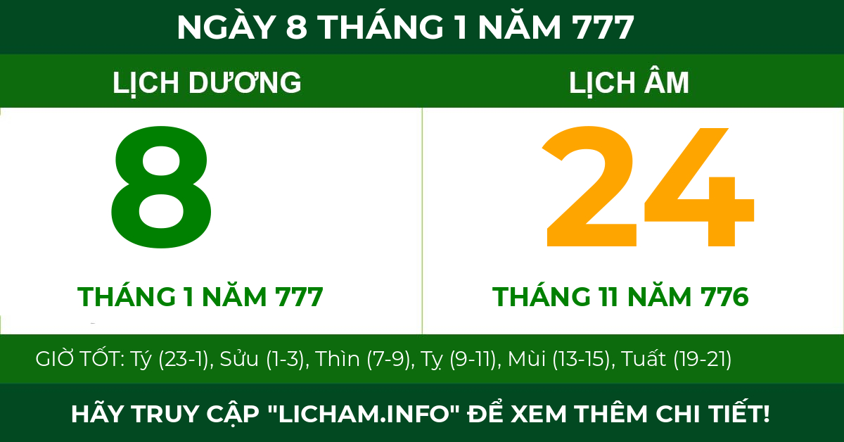 lịch âm ngày 8 tháng 1 năm 777