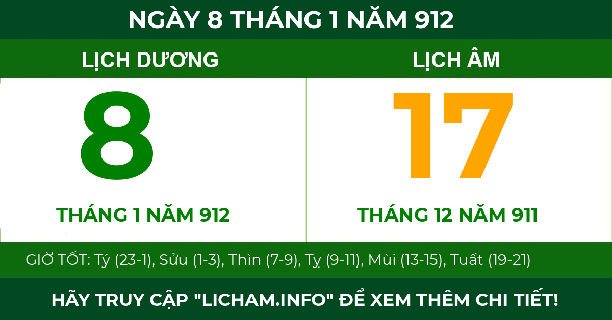 lịch âm ngày 8 tháng 1 năm 912