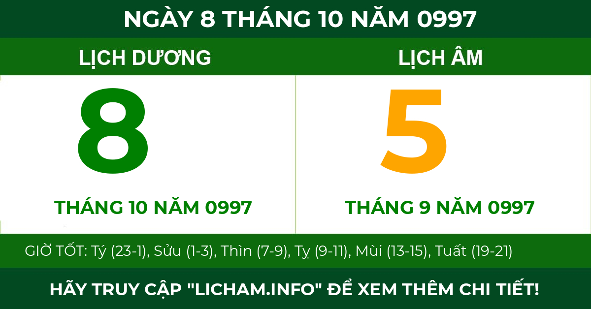 lịch âm ngày 8 tháng 10 năm 0997