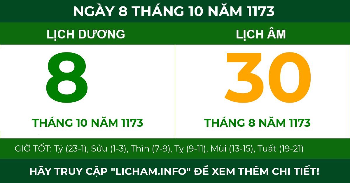 lịch âm ngày 8 tháng 10 năm 1173