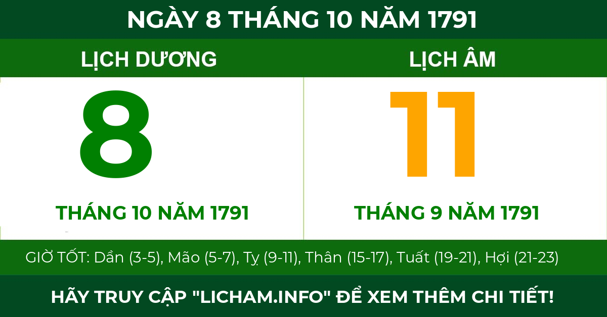 lịch âm ngày 8 tháng 10 năm 1791