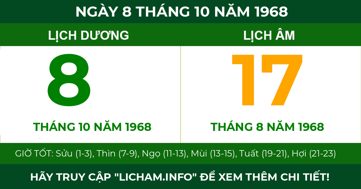 lịch âm ngày 8 tháng 10 năm 1968