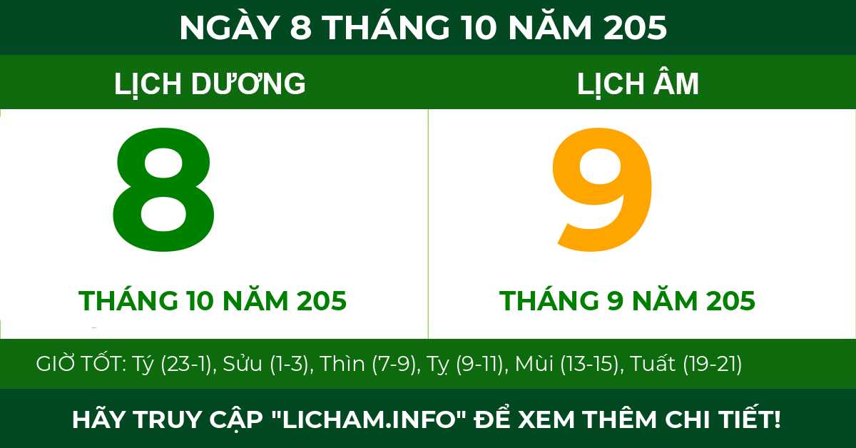 lịch âm ngày 8 tháng 10 năm 205