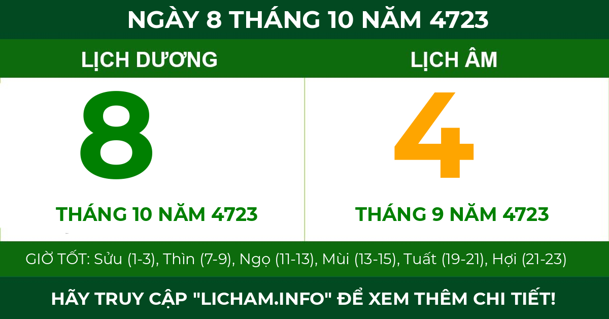 lịch âm ngày 8 tháng 10 năm 4723