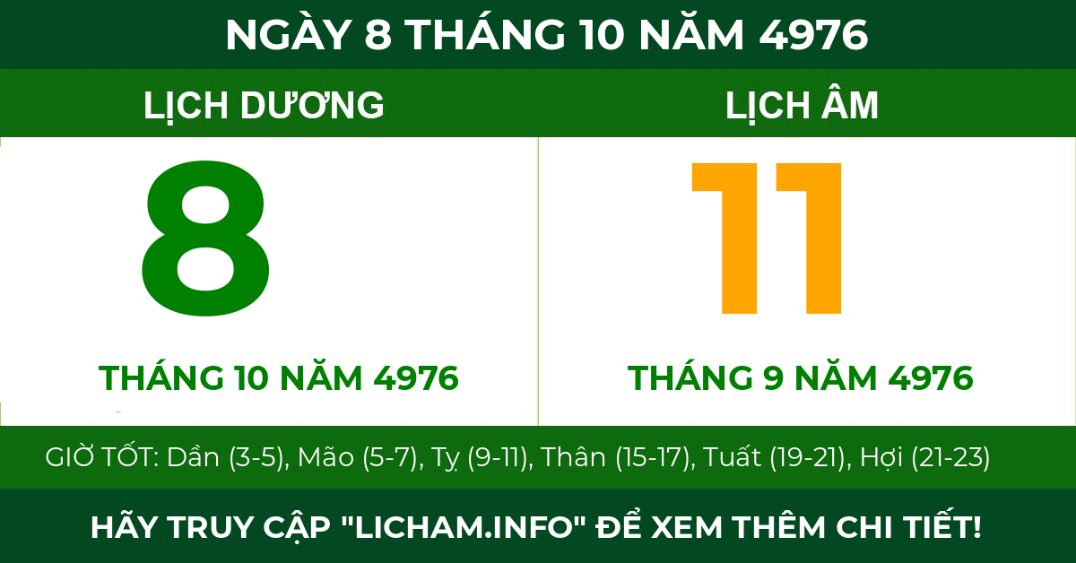 lịch âm ngày 8 tháng 10 năm 4976
