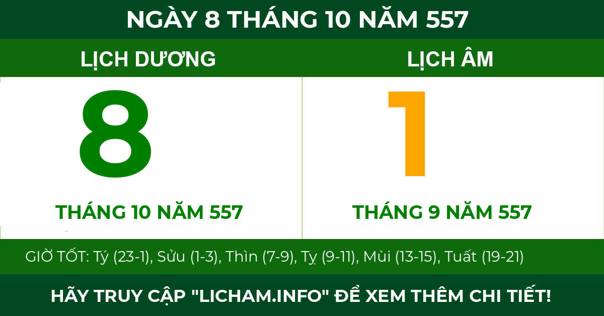 lịch âm ngày 8 tháng 10 năm 557